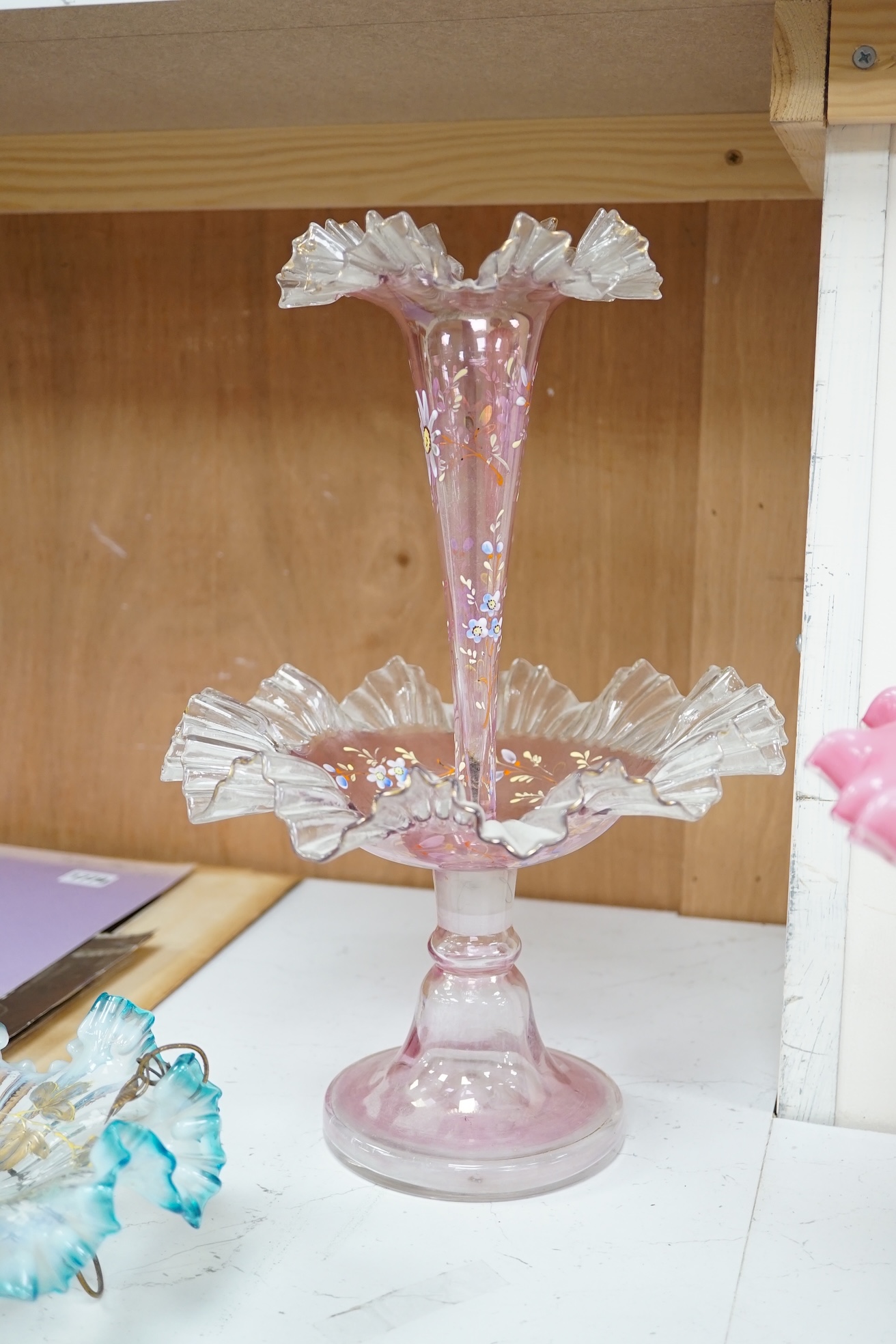 A late 19th century Bohemian glass centrepiece and two similar pedestal dishes, tallest 37cm. Condition - good